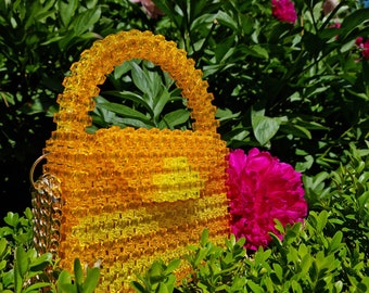 Beaded bag, Bag of acrylic beads, yellow bag, holiday bag, fashion bag, Halloween bag, pumpkin color, gift idea, christmas gift