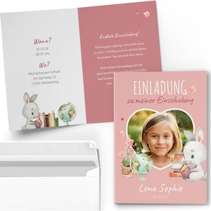 Personalisierte Einladungskarte Einladung Einschulung mit Umschlag - Klappkarte zum Schulanfang Rosa Mädchen eigener Text und Foto