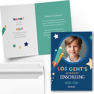 10 Einladungskarten Einschulung mit Foto und Text personalisiert Schulanfang mit Umschlägen Motiv Rakete Blau Jungen Einladung