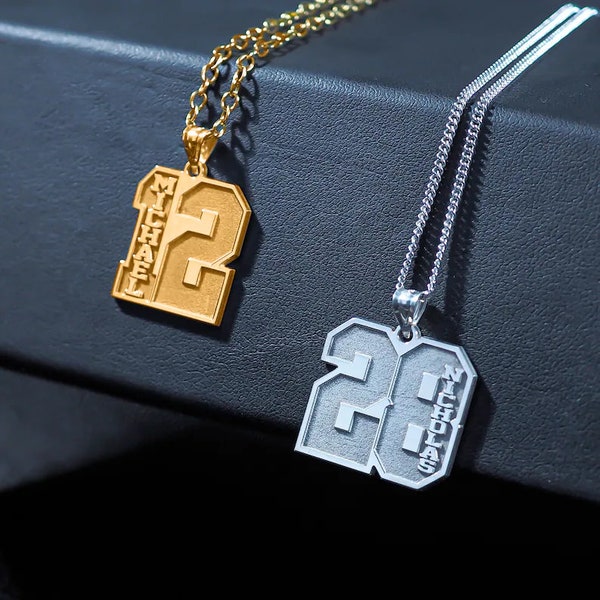 Personalized Name and Number Jersey Number Necklace With Any Combination Available in Silver & Gold