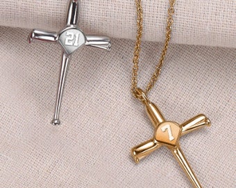 Personalized Baseball Bats Cross Pendant Necklace in Highest Quality Stainless Steel and Gold