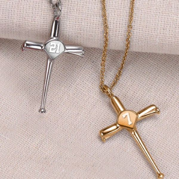 Personalized Baseball Bats Cross Pendant Necklace in Highest Quality Stainless Steel and Gold