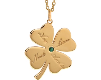 Shamrock Necklace, Personalized Shamrock Pendant With Birthstone And Names Engraved, Irish Necklace