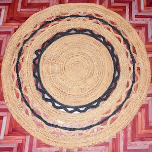 Handgevlochten rond vloerkleed van natuurlijke jute met blauwe vakwerkrand, aangepast formaat vloerkleed Milieuvriendelijk rond vloerkleed, rond vloerkleed, handgeweven rond vloerkleed