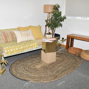 Natural Oval Jute Rug With Black Stripes Hand Braided Oval Shape Area Jute Rug Handmade Oval Area Rug Bohemian Rag Rug Custom Size Available