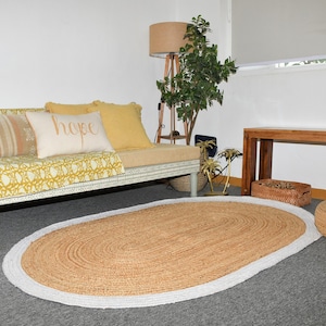 Handwoven Braided Oval Jute Rug Beige Natural Area Jute Rug With White Border 8x10 Oval Rug Bohemian Hallway Rag Rug Custom Size Boho Rug