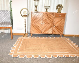 Handmade Scalloped Jute Rug | Natural Fiber Area Rug | Hand Braided Jute Mat | Bohemian Jute Rug | Boho Home Decor Carpet for Living Room