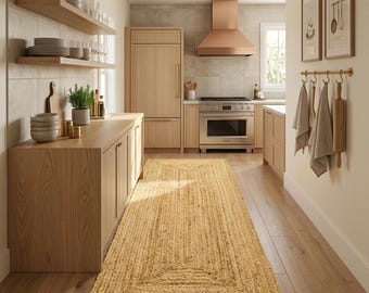 May include: A rectangular, hand-woven jute runner rug with a natural tan color and a braided texture, positioned on a light wood floor in a kitchen setting. The rug features a distinct border pattern and a dense, durable weave construction.