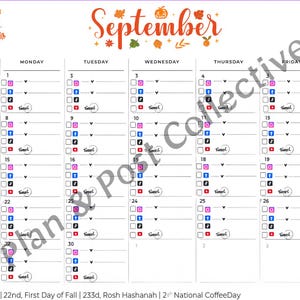May include: A September calendar with a white background and a purple border. The word "September" is written in orange script with autumn-themed illustrations. The calendar includes checkboxes and social media icons.