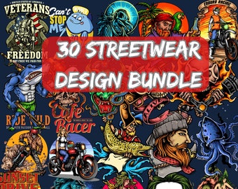 30 T-Shirt Designs Bundle | T-Shirt Pod Design | Bikers Design | Png Design Bundle | Retro Design | Urban Clothing | Hip Hop T-Shirt