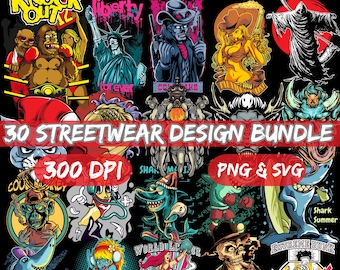 May include: A collection of 30 streetwear designs featuring various characters and themes, including a shark, a skull, a basketball player, and a woman with a skateboard. The designs are in a vibrant color palette and are perfect for t-shirts, hoodies, and other apparel.