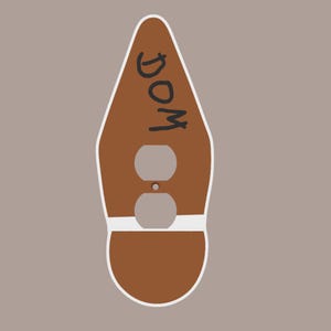 May include: A brown, shoe-shaped object with the word "DOM" written in black. The object has two circular cutouts and a small dot, with a white stripe and border. The background is a solid, neutral colour.