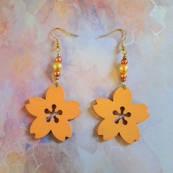 Sweet orange earrings with cherry blossoms Sakura Sakura earrings Handmade homemade wood beads Unique piece Orange Earrings Japan