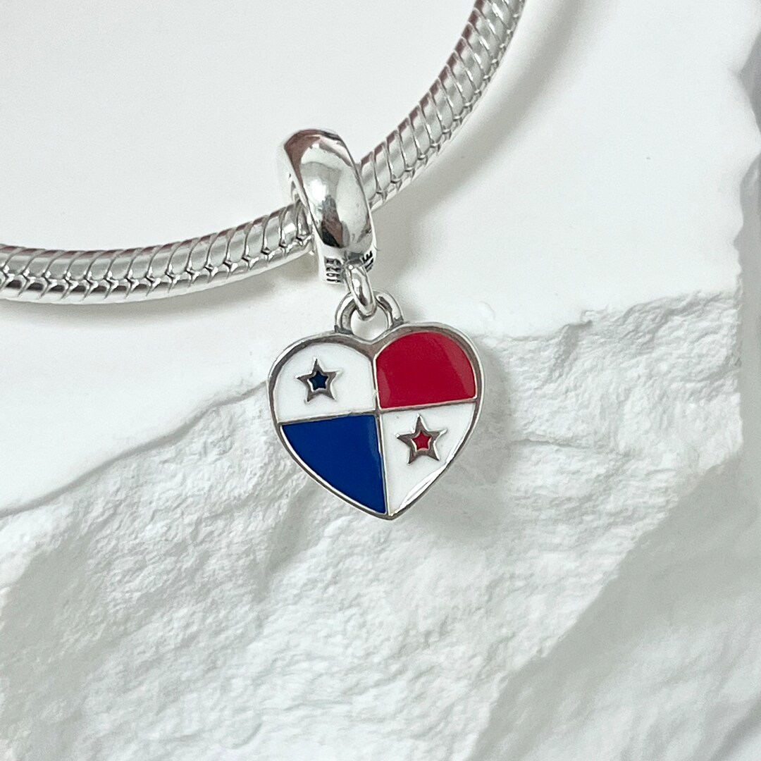 Pandora Panama Flag Heart Bracelet Charm, Panama Flag Heart Dangle Pendant S925 Silver Jewelry