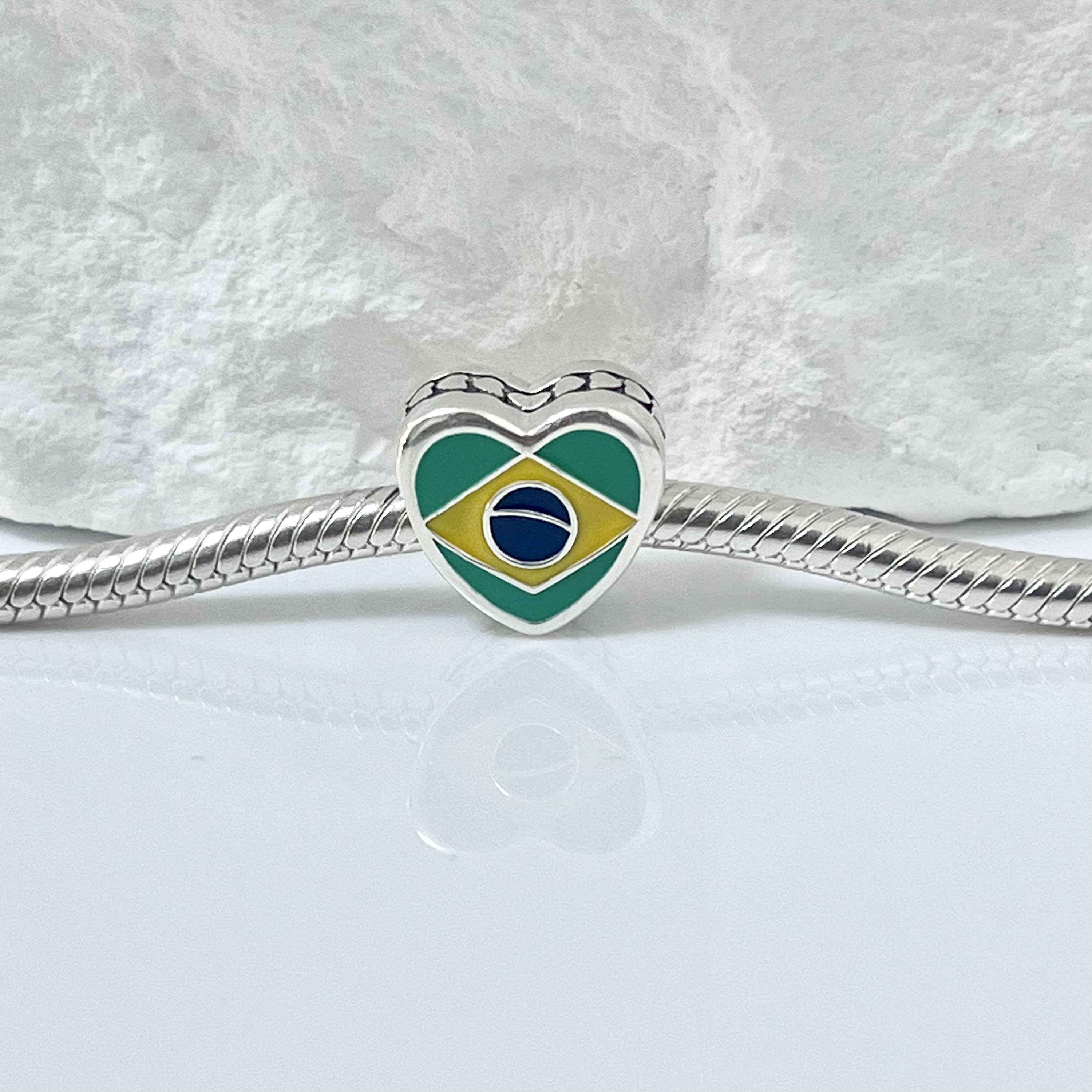 Pandora Brasil Brazil Flag Bracelet Heart Bead Charm Love Brazil Button,  S925 Sterling Silver Jewelry for Bracelet, Gift Present for Her 
