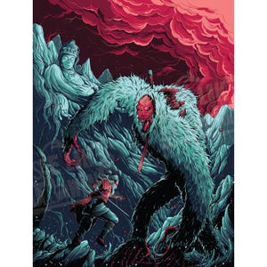 May include: An illustration depicts a battle scene with a giant, furry monster with a red mask and a sword. A warrior in red armor fights the monster in a mountainous landscape. The sky is a deep red, and a statue is in the background.