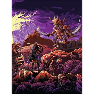 May include: Digital art print depicting a fantasy battle scene. Two figures clash with swords amidst a purple and red landscape. A large figure with dual blades faces a smaller figure in armor. A castle and a tree are in the background.