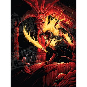 May include: A fiery, demonic creature with horns and glowing eyes stands on a rocky ledge, surrounded by flames. A small figure with a sword stands in the foreground, facing the creature.