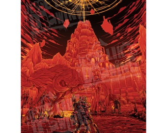 May include: A digital illustration of a video game character standing in front of a large, red, and gold structure. The character is wearing a helmet and armor. The structure is surrounded by red and gold flames.