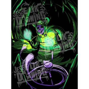 May include: A digital illustration of a green and purple character with a skull-like face, wearing a green hooded robe and holding a glowing green orb. The character is surrounded by swirling green energy.