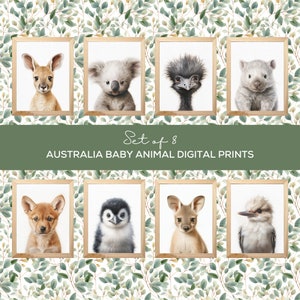Australia Baby Animal Painting Printable Nursery Art Set of 8 | Koala, Kangaroo, Wallaby, Wombat, Dingo, Emu, Kookaburra, Penguin Home Decor