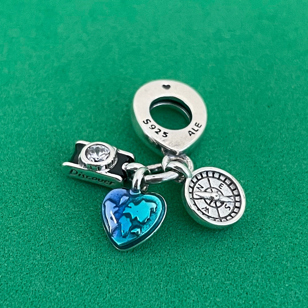 Pandora Camera, Heart & Compass Triple Dangle Charm 925 Charm authentic Pandora Charms pandora