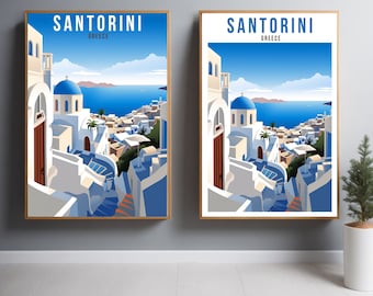 Santorini Travel Print, Santorini Greece, Wall art decor, Poster, Digital print poster, Greek island poster, Santorini Illustration