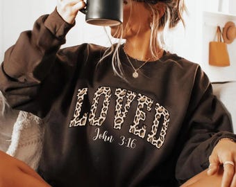 Leopard Loved John 3:16 Valentine Sweatshirt, Cute Girly Valentine Sweater, Leopard Valentine Sweatshirt, Christian Valentine Hoodie