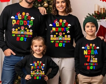 Family Matching Super Kiddo Birthday Sweatshirt, Mario Shirts,Custom Mario Birthday Family Shirt, Personalized Name Birthday Party,Bros Tee