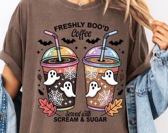 Comfort Colors® Boo’d Coffee Shirt, Halloween Coffee Lover Shirt,Ghost Coffee Shirt,Halloween Spooky Season Tee,Served With Scream And Sugar