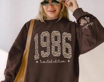 Custom 1986 Retro Birthday Sweatshirt, Leopard 40th Birthday Gifts for Women, Christmas Gift for Mom Fourtieth Sweater Born, Gift for Her