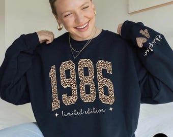 Custom 1986 Retro Birthday Sweatshirt, Leopard 40th Birthday Gifts for Women, Christmas Gift for Mom Fourtieth Sweater Born, Gift for Her