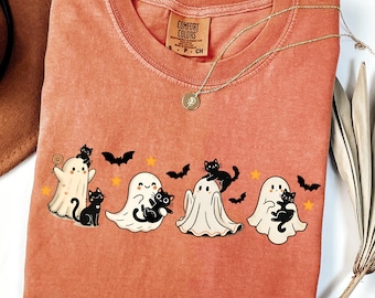 Comfort Colors® Ghost Cat Shirt, Cat Ghost T-Shirt, Cute Cat Lovers Shirt, Retro Ghost Halloween, Halloween Cat T-shirt, Halloween Gifts