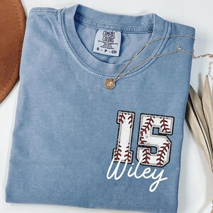 Custom Baseball Pocket Number and Name Shirt, Personalized Comfort Colors Baseball Tee, Baseball Mom Gift, Sports Mom tee,Baseball Fan Shirt