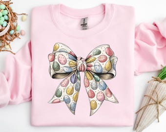 Easter Colorful Egg Coquette Bow Shirt, Easter Day Egg Shirt,  Bow T-Shirt, Cute Bow Shirt,Colorful Easter Bow with Easter Eggs Tshirt