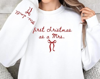 First Christmas As a Mrs Sweatshirt, Christmas Hoodie with a Bow on the Sleeve, Red Bow Design Christmas Sweatshirt, Christmas Gift For Her
