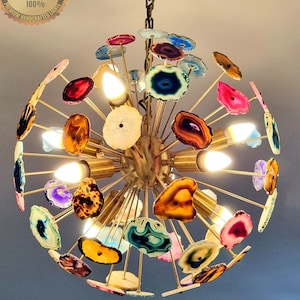 Natural Agate Stone Brass Lights | Modern Sputnik Chandelier Pendant | Midcentury Brass Ceiling Light with Marble Sconce for Elegant Décor