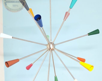 May include: A modern, mid-century style chandelier with 13 arms and colourful cone-shaped shades. The shades are in various colours, including red, blue, green, yellow, orange, and white.