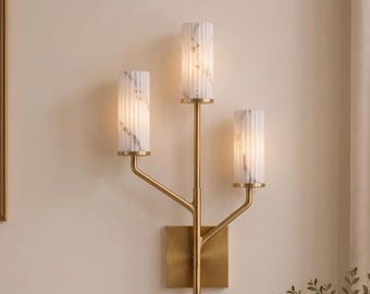 Luxury Alabaster Wall Sconce, Fluted Marble Cylinder Brass Vanity Light, 3-Light Modern Candelabra Sconce, Elegant Hallway Accent Light