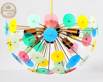 Vibrant Kaleidoscope: Multicolor Glass Disks Brass Chandelier 22 inches