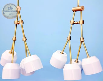 Modern Brass Chandelier: White Bowl Shades, Sputnik Style