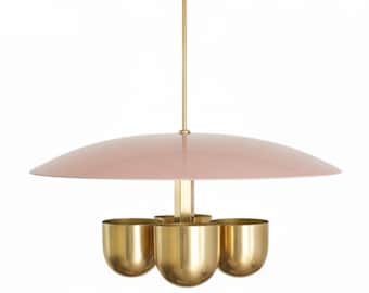 Modern Brass Pendant Light with Pink Dome Shade – Mid Century Ceiling Lamp, Contemporary Hanging Light Fixture for Kitchen or Dining Room