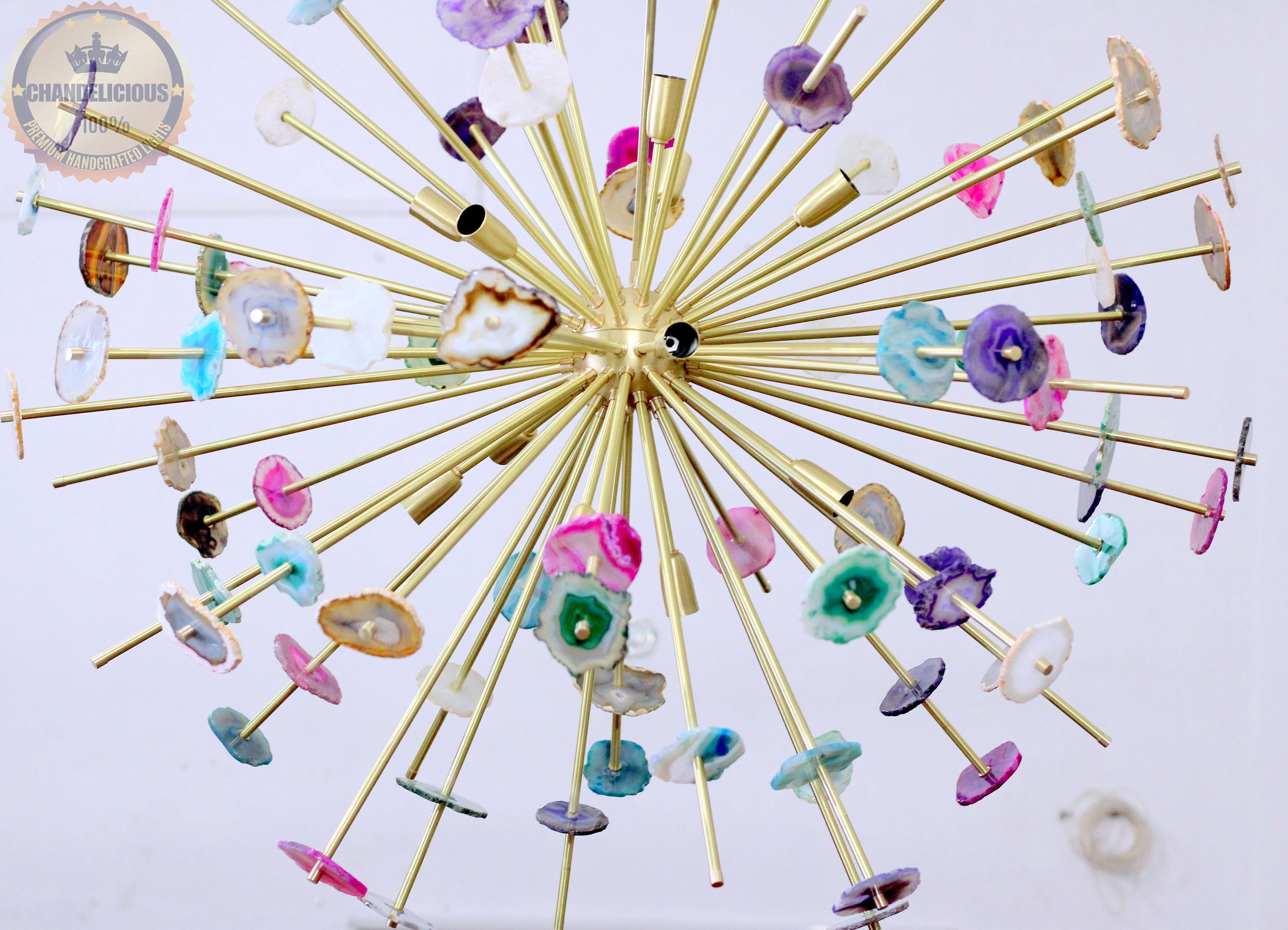 Large Brass Chandelier Natural Stones Agates Lights Premium Etsy