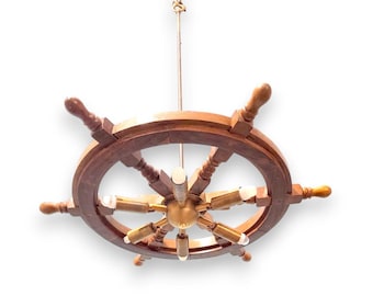 Wood & Brass Ship Wheel Sputnik Chandelier – Nautical 6-Light Rustic Ceiling Lamp Modern Fixture