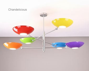 Rainbow Metal Chandelier 32” – Modern Colorful Ceiling Light, Mid-Century Pendant for Any Room