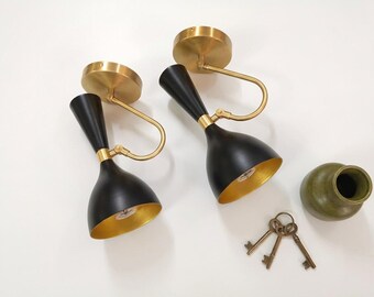 Mid-Century Modern Black Brass Wall Sconce Pair, Adjustable Cone Lamp Home Décor