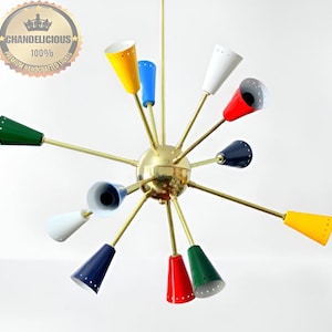 Colorful 12-Light Brass Sputnik Chandelier – Custom Pendant Lamp for Dining Room or Modern Interiors
