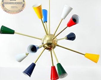 Colorful 12-Light Brass Sputnik Chandelier – Custom Pendant Lamp for Dining Room or Modern Interiors