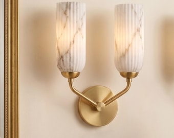 Modern Alabaster Wall Sconce, 2-Light Fluted Marble Brass Vanity Light, Luxury Double Wall Lamp, Mid Century Bathroom Sconce Lighting