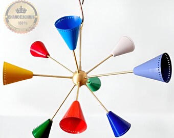 Radiant Symphony: A Multicolour Marvel - The Exquisite 9-Arm Brass Chandelier| brush brass Finish